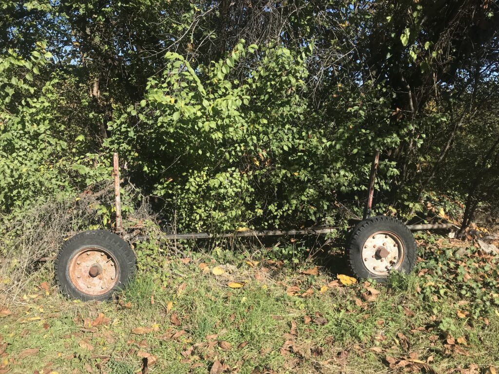 Image depicting an old horse carriage that has only its wheels left.